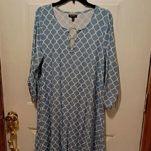 Allison Brittney Blue and White Geometric Long Sleeve Dress